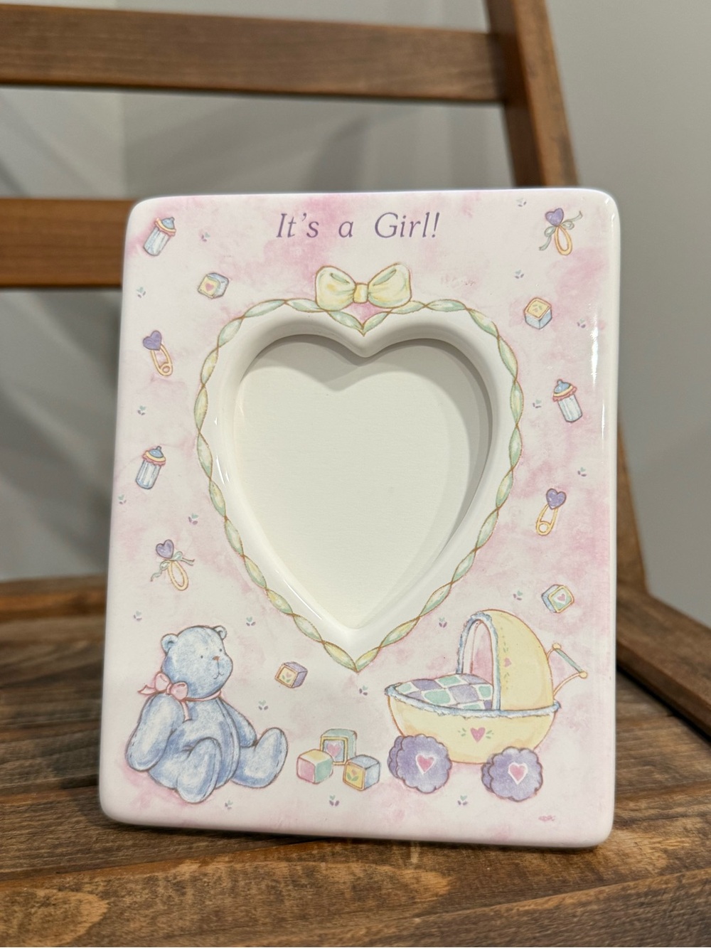 Vintage Papell “It’s a Girl!” Heart-Shaped Photo Frame – Nursery Baby Girl Decor
